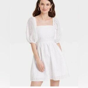 a new day Eyelet Lace Mini Dress S Cut Out Back Puff Short Sleeve White